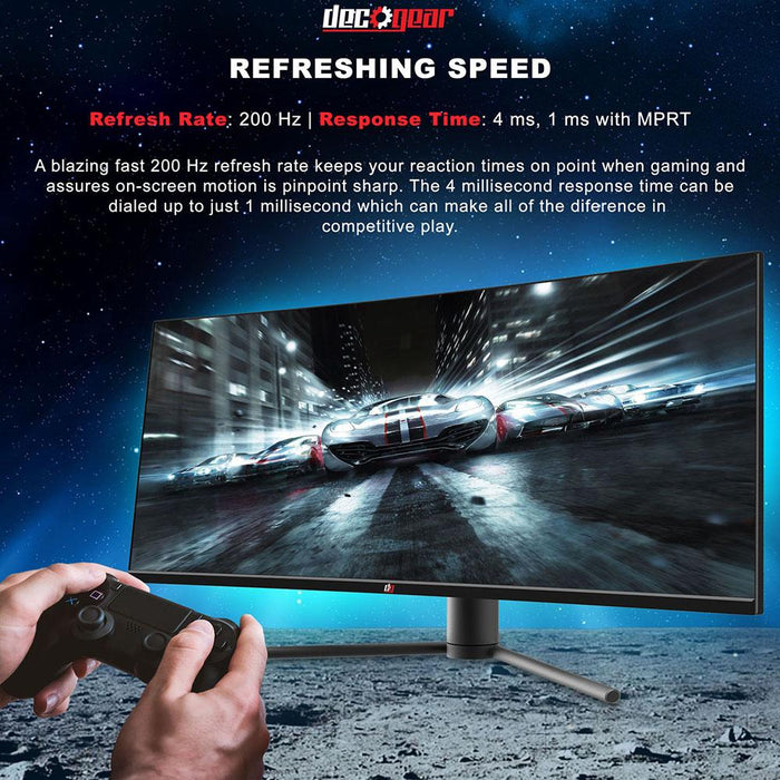 Deco Gear 34" 2560x1080 Color Accurate Curved Monitor with HDR400, 3000:1, 4ms, 200Hz