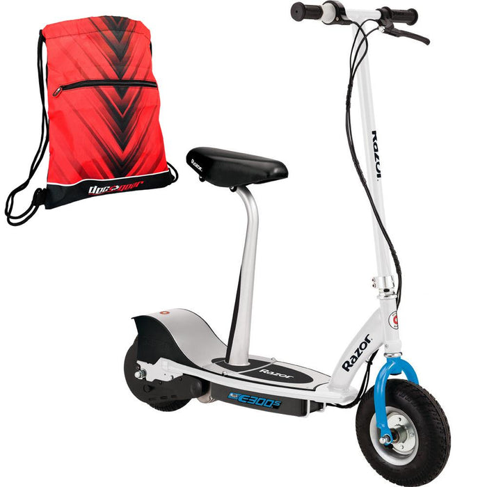 Razor E300S Seated Electric Scooter in White & Blue + Deco Essential Drawstring Bag