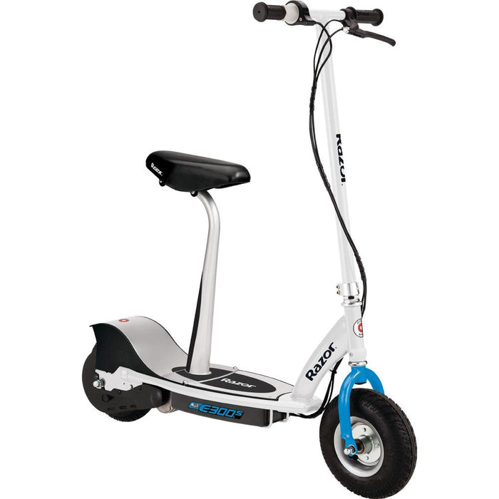 Razor E300S Seated Electric Scooter in White & Blue + Deco Essential Drawstring Bag