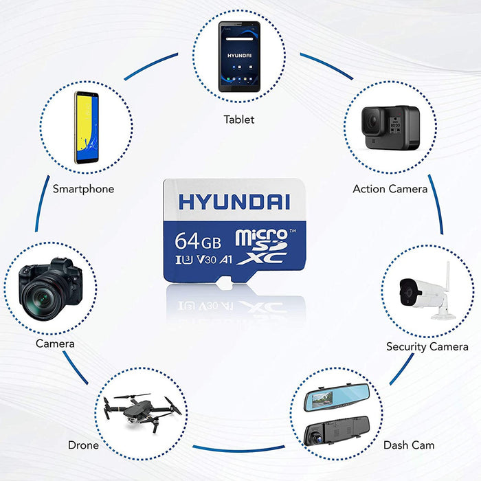 Hyundai 64GB Micro SD Card (MicroSDXC) UHS-I Memory Card with Adapter - SDC64GU3