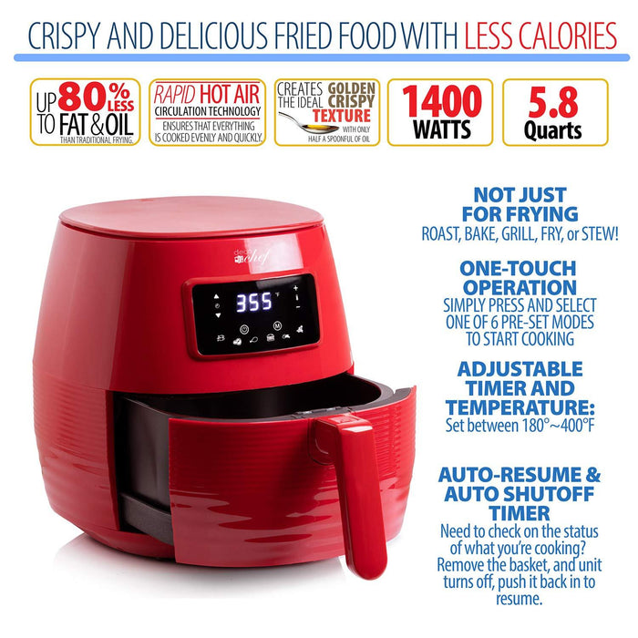 Deco Chef Digital 5.8QT Electric Air Fryer Healthier Cooking Red + 6-Pcs Knife Set Black