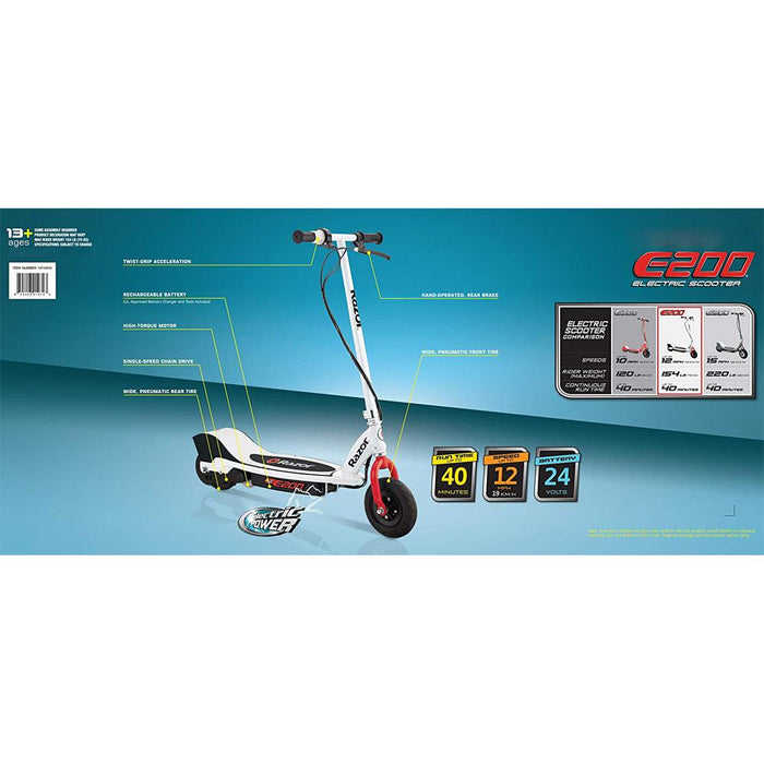 Razor 13112410 E200 Electric Scooter White / Red with Warranty Bundle