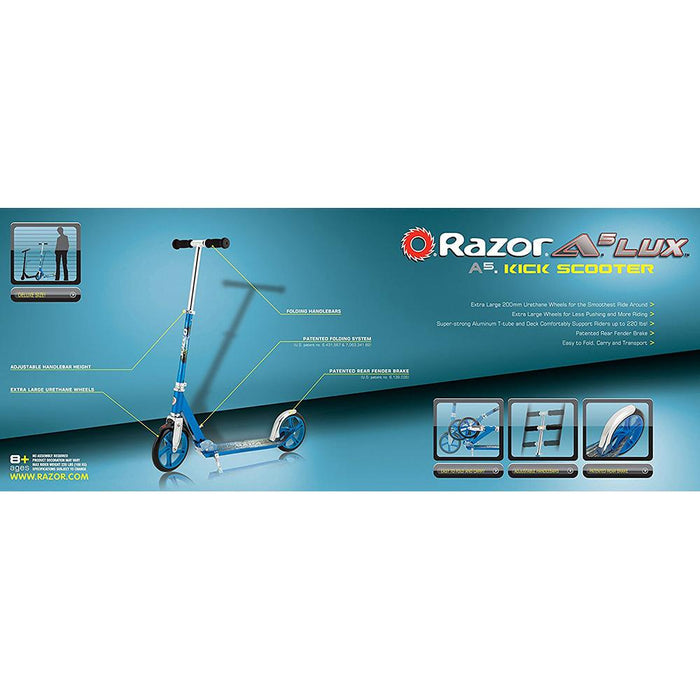 Razor 13013240 A5 Lux Kick Scooter, Blue w/ Deco Essentials Drawstring Bag