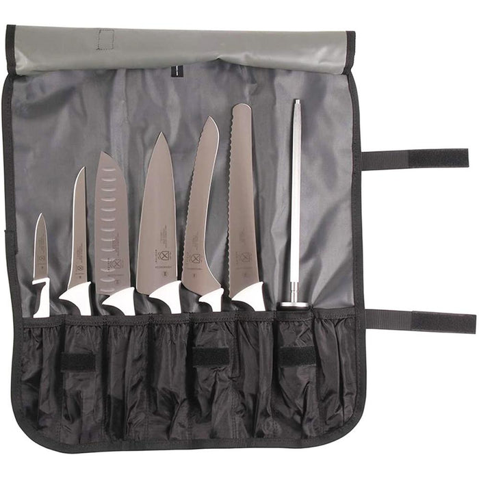 Mercer Culinary Millennia 8-Piece Knife Roll Set, White w/ Knife Sharpener +Gloves