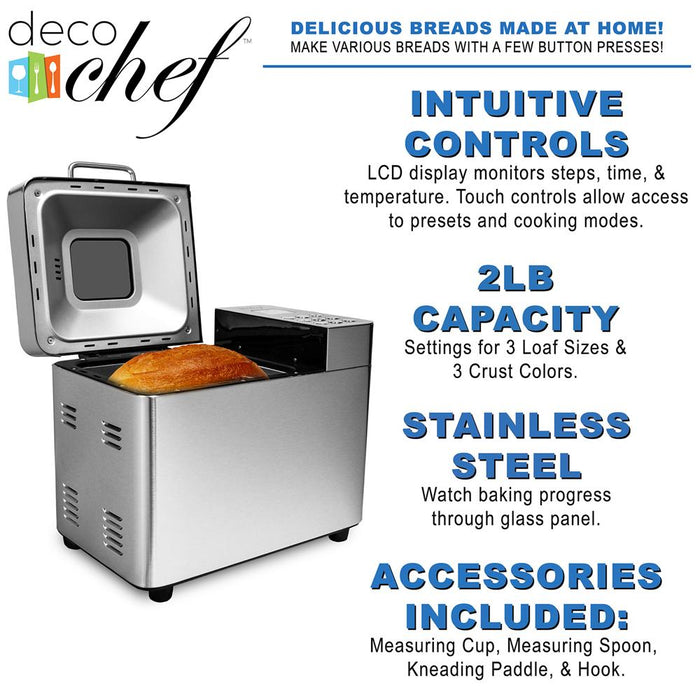 Deco Chef 2 LB Stainless Steel Bread Maker with Smart Cooking Programs+Warranty