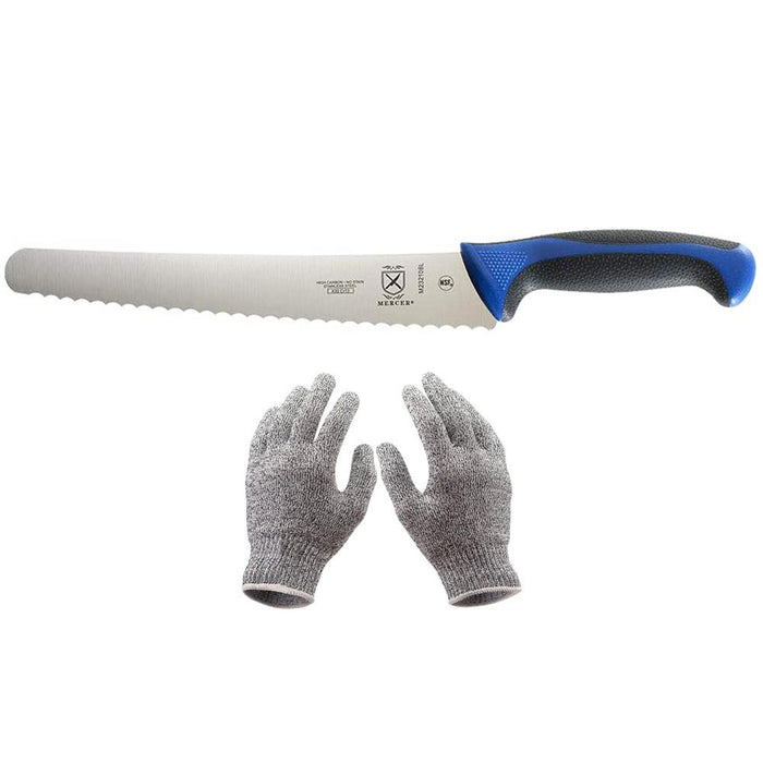 Mercer Culinary Bread Knife 10-Inch Wavy Edge Wide Blue with Cut Safe Gloves