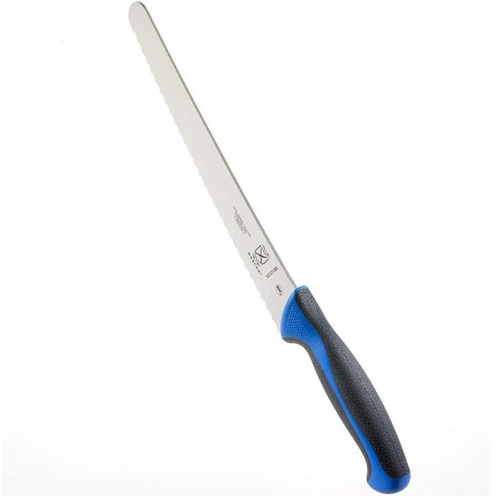 Mercer Culinary Bread Knife 10-Inch Wavy Edge Wide Blue with Cut Safe Gloves