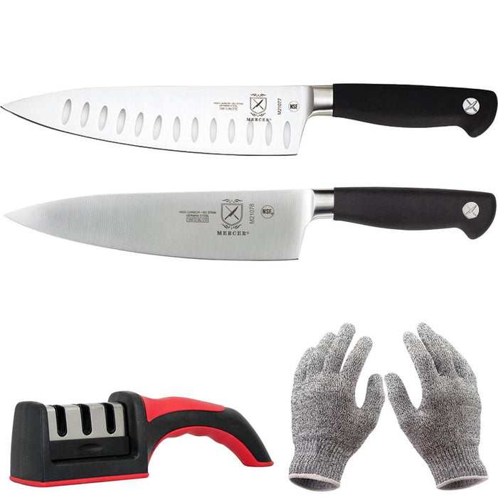 Mercer Culinary 8" Chef's - Genesis Granton Edge + 8" Short Bolster + Sharpener + Gloves