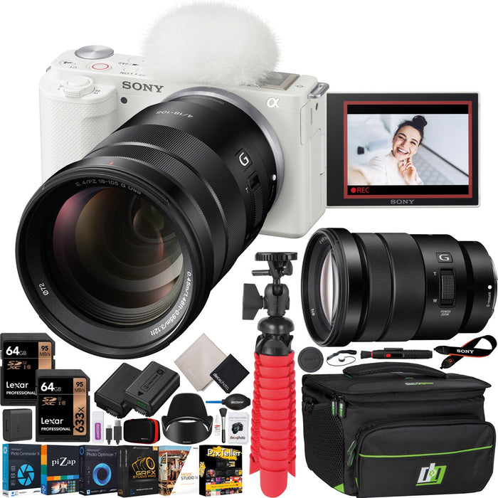Sony ZV-E10 Mirrorless APS-C Vlog Camera Body + 18-105mm F4 G OSS Lens White Bundle