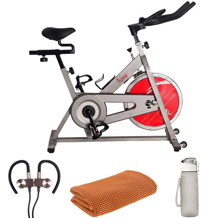 Sunny Health and Fitness Chain Drive Indoor Cycling Bike - Silver (SF-B1001S) + Earbud Bundle