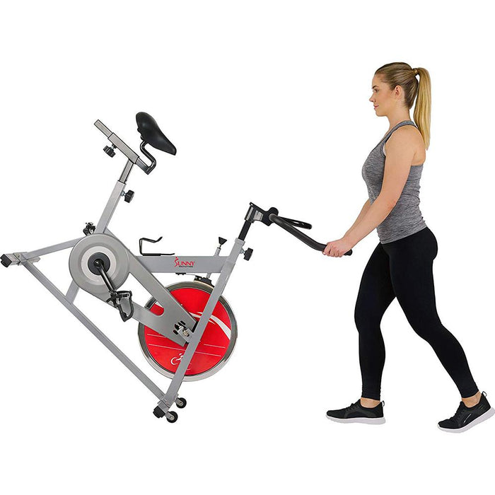 Sunny Health and Fitness Chain Drive Indoor Cycling Bike - Silver (SF-B1001S) + Earbud Bundle