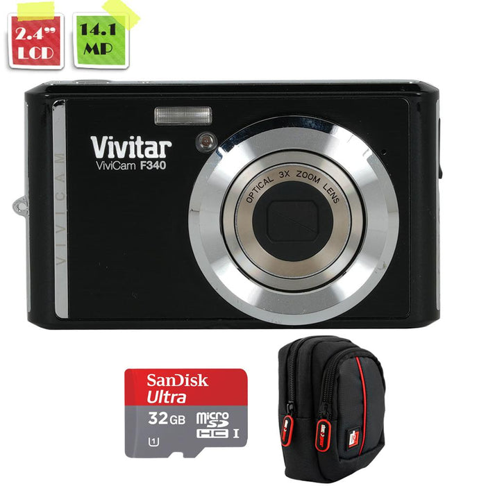 Vivitar Vivcam F340 14.1 MP 2.4" LCD Camera and Camcorder Black + 32GB Card + Deco Bag