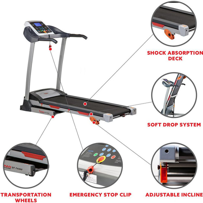 Sunny Health and Fitness Folding Treadmill w/Digital Monitor, Device Holder, Shock Absorption and Incline