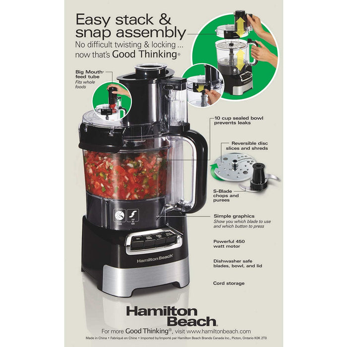 Hamilton Beach 10-cup Stack and Snap Food Processor - Black and Stainless Steel (70723)