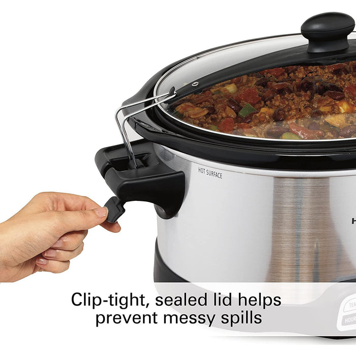 Hamilton Beach Programmable Slow Cooker, 7 Qt, Clip Tight Lid - Stainless Steel (33476)