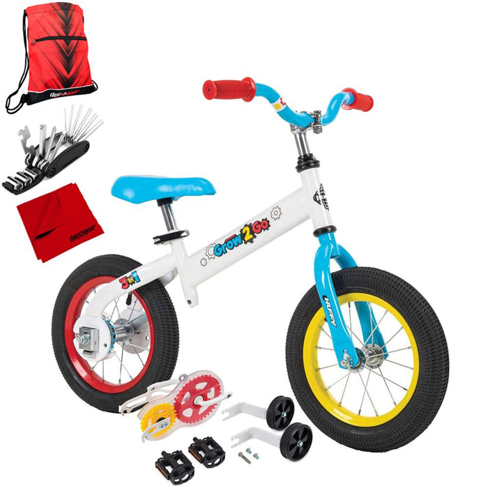 Huffy Grow 2 Go Conversion Balance to Pedal Bike Red, Blue & Yellow+Tool Bundle