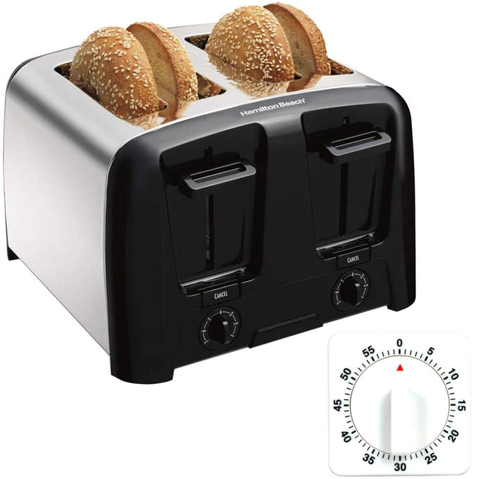 Hamilton Beach 4 Slice Toaster, Extra-Wide Slots, Crumb Tray, Chrome + Kitchen Timer