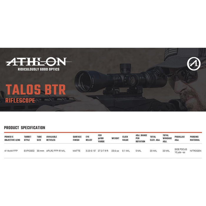 Athlon Optics Talos BTR 4-14x44 First Focal Plane Riflescope APLR2 FFP IR MIL +Warranty Bundle