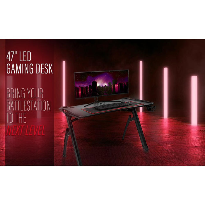 Deco Gear 47" LED Gaming Desk, Carbon Fiber Surface, Cable Management, Headphone Hook