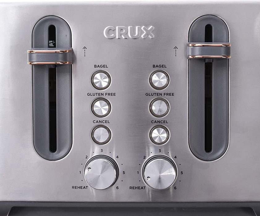 CRUX 4-Slice Toaster, Extra-Wide Slots, 6-Shade Settings - Silver (14545)