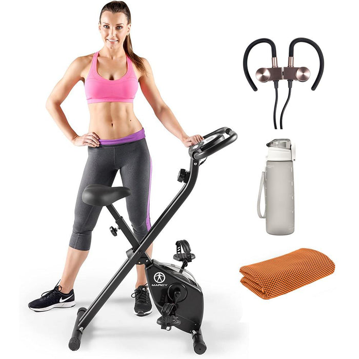Marcy Foldable Upright Exercise Bike Adjustable Resistance with Earbuds Bundle