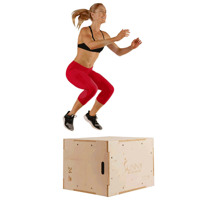 Sunny Health and Fitness Wood Plyo Box w/ 1" Padded Vinyl Tear-Resistant Cover No. 084 + Accessory Bundle