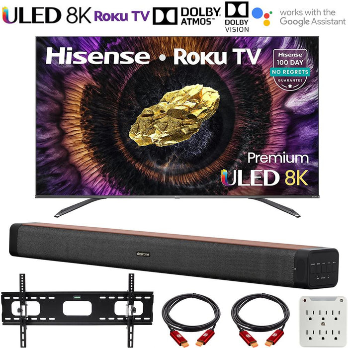 Hisense 75" ULED 8K Premium Roku Smart TV 2021 with Deco Home 60W Soundbar Bundle
