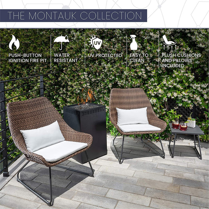 Mod Furniture Montauk 4-Piece Woven Chat Set featuring a 40,000 BTU Column Fire Pit - White