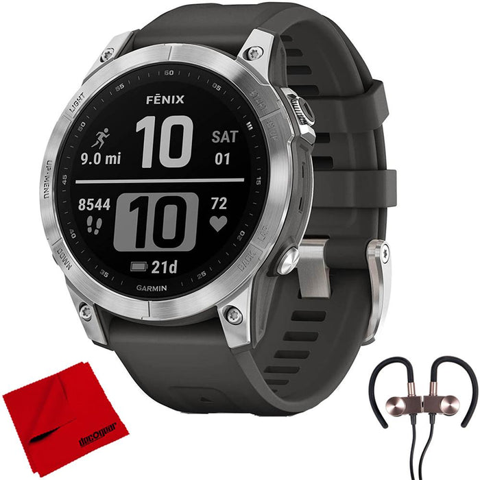 Garmin 010-02540-00 Fenix 7 Smartwatch, Silver with Graphite Band w/ Accessories Bundle