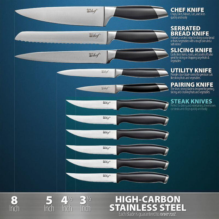Deco Chef Gourmet 12pc Knife Set with Storage Block Bundle with Kitchen Essentials