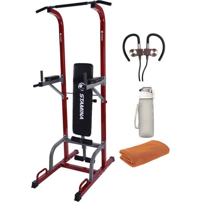 Stamina Full Body Power Tower with Upholstered Bench with Earbuds Bundle
