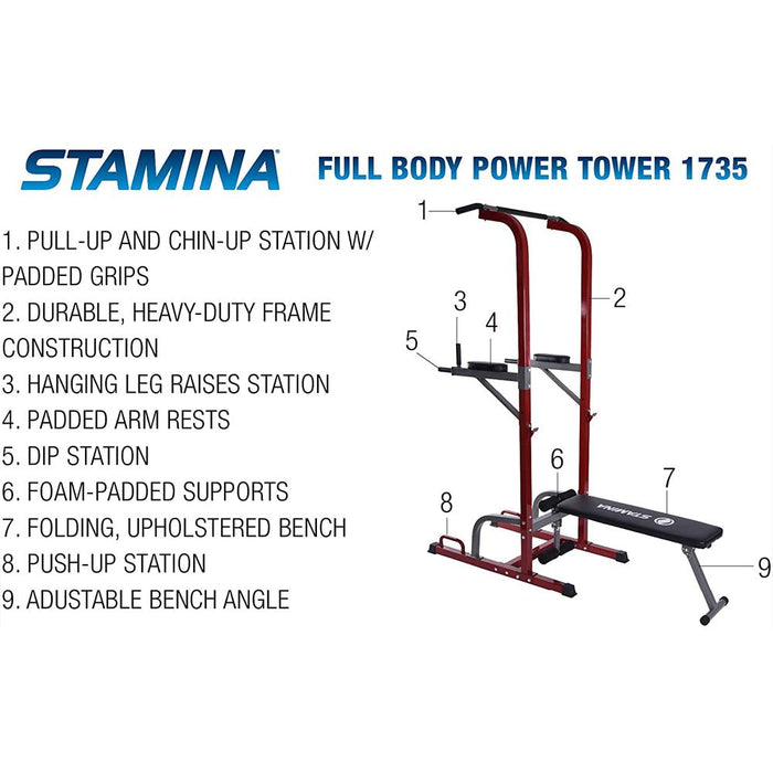 Stamina Full Body Power Tower with Upholstered Bench with Earbuds Bundle