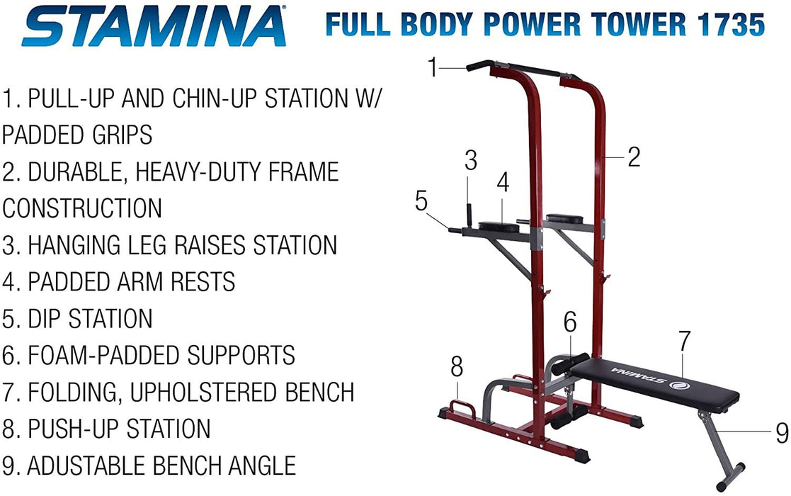 Stamina 50-1735 Full Body Power Tower with Upholstered Bench + Massage Gun Bundle