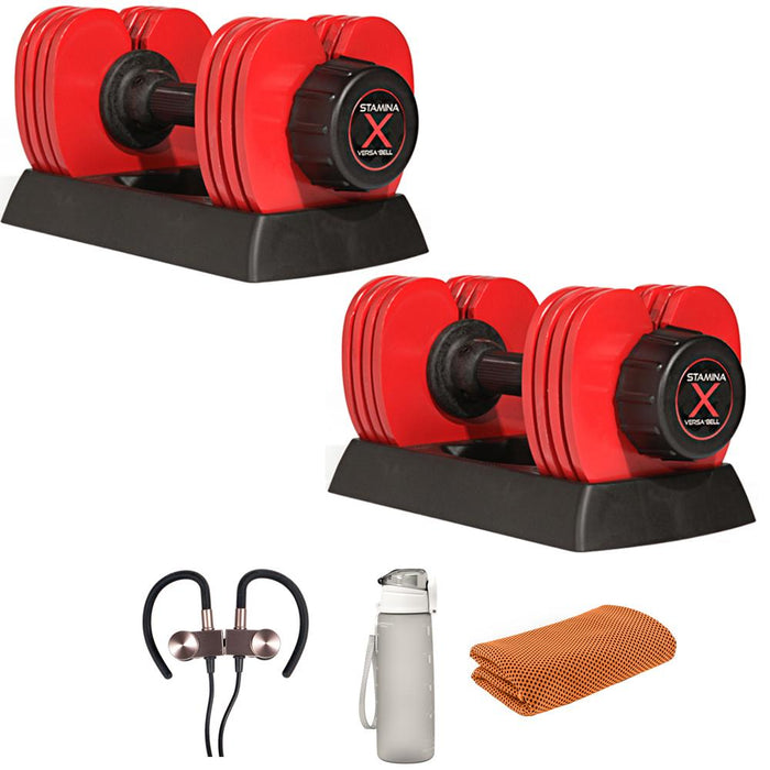 Stamina X 50 lb. Versa-Bell Dumbbell 2 Pack with Earbuds Bundle