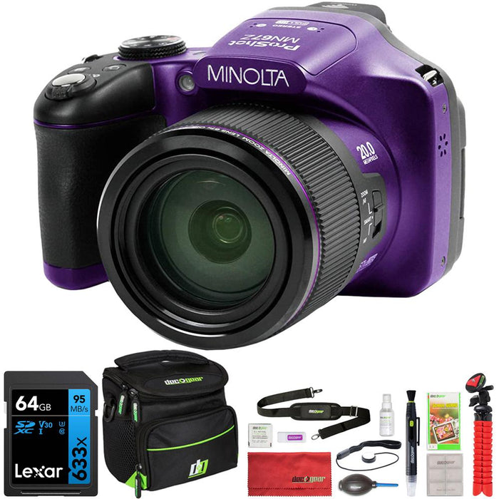 Minolta 20MP HD Bridge Digital Camera w/ 67x Optical Zoom Purple+64GB Card & Bag