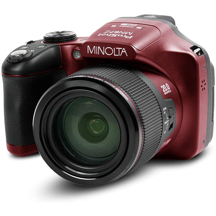 Minolta 20MP HD Bridge Digital Camera w/ 67x Optical Zoom Red + 64GB Card & Bag