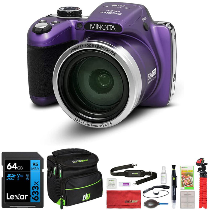 Minolta Pro Shot 16MP Digital Camera 53x Optical Zoom, Purple w/ Deco Accessory Bundle