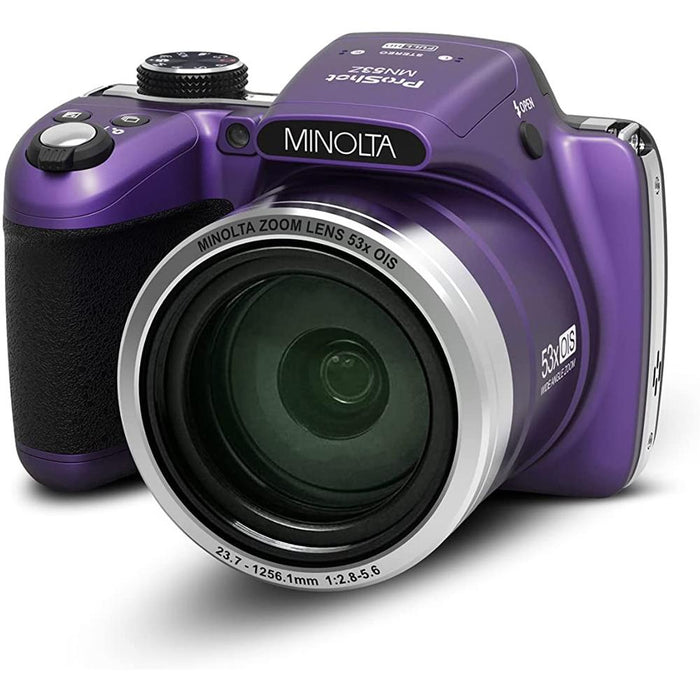 Minolta Pro Shot 16MP Digital Camera 53x Optical Zoom, Purple w/ Deco Accessory Bundle