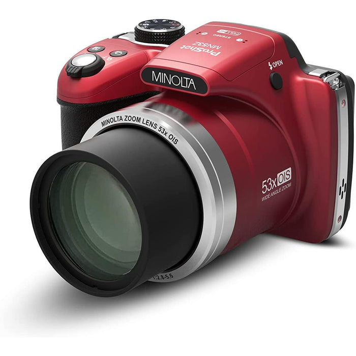 Minolta Pro Shot 16MP Digital Camera 53x Optical Zoom, Red w/ Deco Accessory Bundle