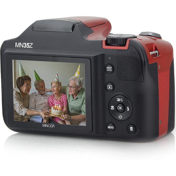 Minolta 20MP 35X Optical Zoom Wi-Fi Bridge Camera, Red w/ Deco Accessory Bundle