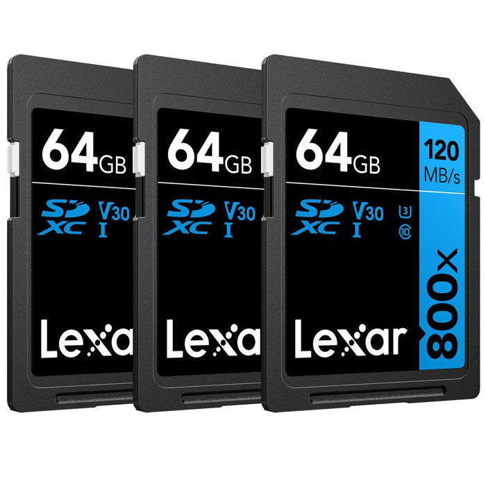 Lexar 64GB High-Performance 800x UHS-I SDXC Memory Card BLUE Series - (3-Pack)