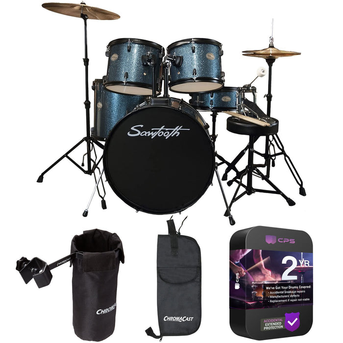 Sawtooth Rise Full Size 5-Piece Student Drum Set (Blue) Bundle with 2-Year Warranty