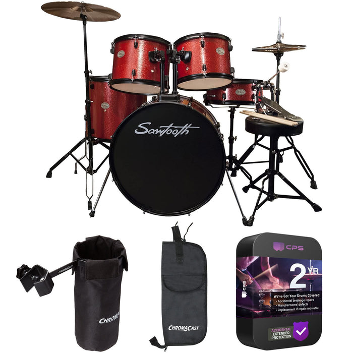 Sawtooth Rise Full Size 5-Piece Student Drum Set (Red) Bundle with 2-Year Warranty