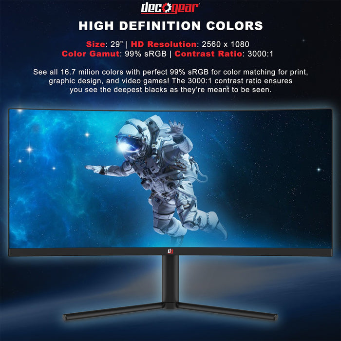 Deco Gear 29-Inch 2560x1080 100Hz VA Curved Monitor, Color Accurate, 4ms, w/ RGB Keyboard