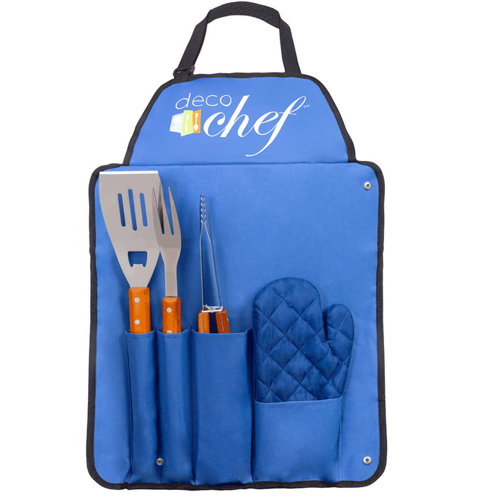 Deco Essentials 3 Piece BBQ Tool Set with Custom Blue Apron, Spatula, Tongs, Fork and Oven Mitt