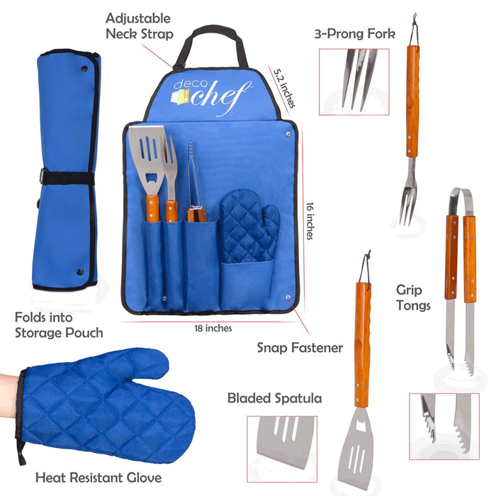Deco Essentials 3 Piece BBQ Tool Set with Custom Blue Apron, Spatula, Tongs, Fork and Oven Mitt