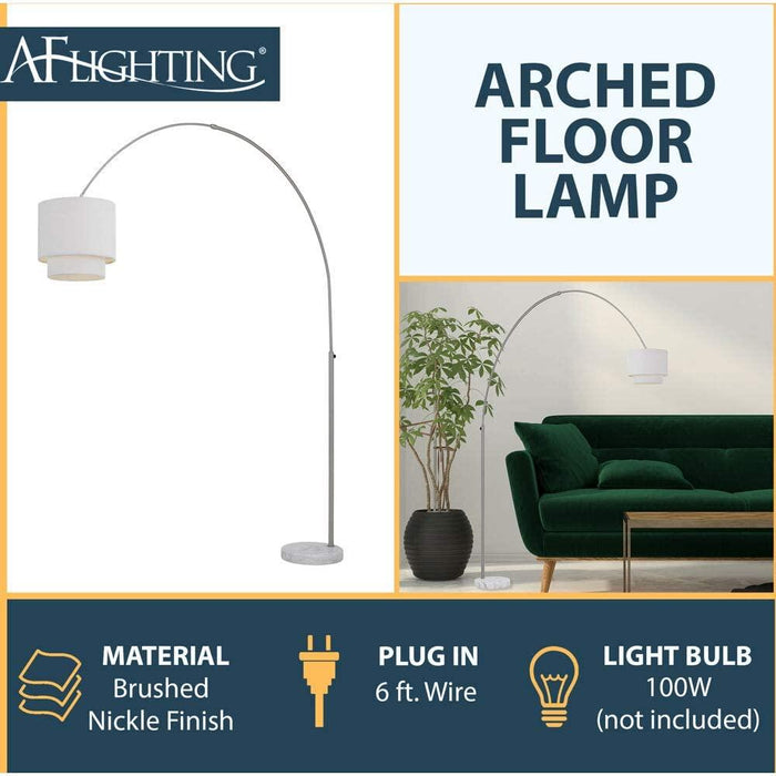 Elements Arched Floor Lamp in Brushed Nickel with Fabric Shade - 9124-FL