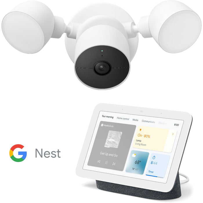 Google Nest Cam with Floodlight (White) Bundle with Hub Smart Display (2nd Gen, Charcoal)
