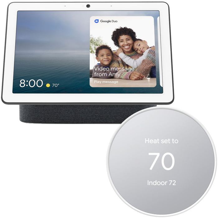 Google Nest Hub Max (Charcoal) GA00639-US with Google Nest Smart Wi-Fi Thermostat (Snow)