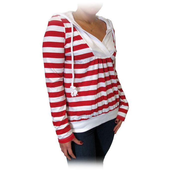 Twili Nautical Stripe Lightweight Hoodie with Pull String - Red/White (Size: Small)